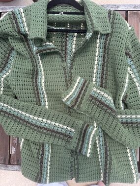 EARTHBOUND Olive Green Crochet Button-Up Shirt with Cream & Brown Stripes